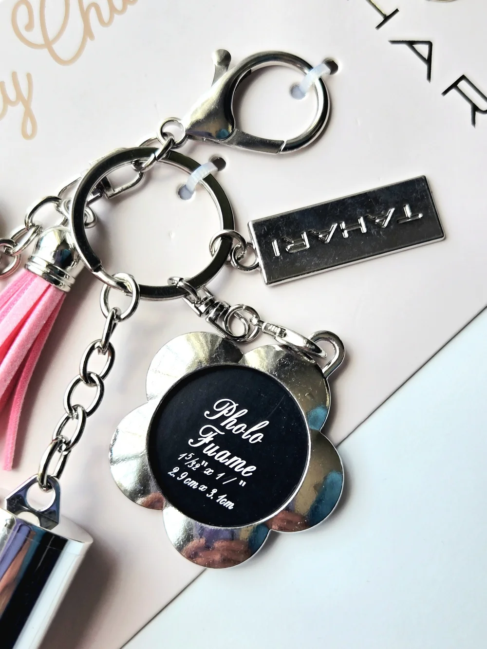 Tahari Pink Rhinestone Bow Keychain Lip Gloss & Photo Frame Bag Charm, Tassel